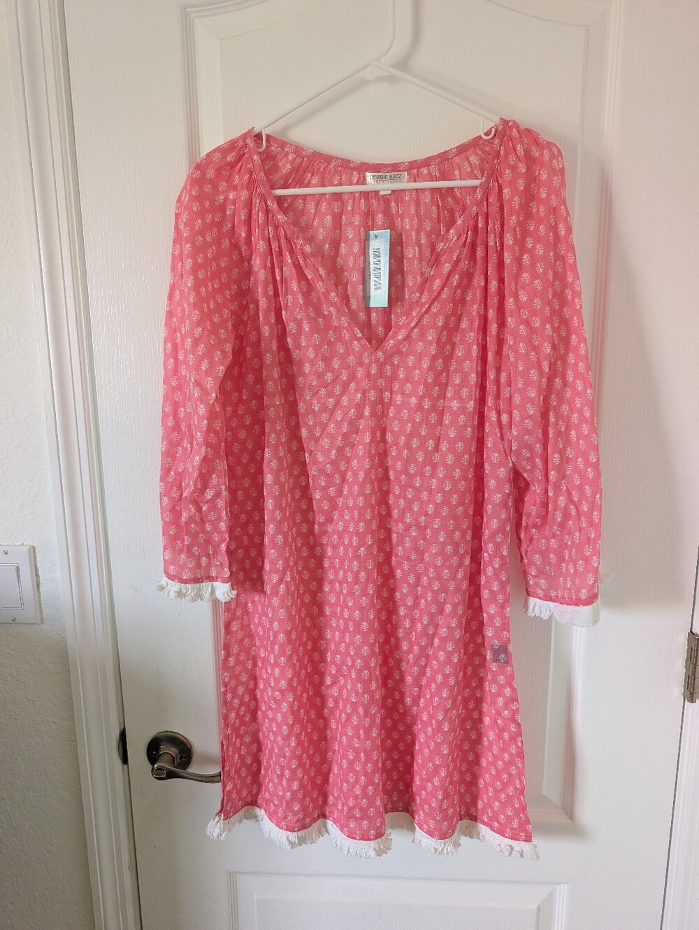 Debbie Katz  Pink and white 100 % Cotton Maxi Dress Size Large NEW w/ Tags